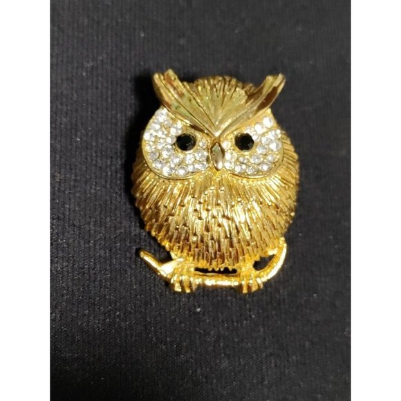 Adorable Owl Gold Tone Safety Pin Brooch With Rhinestone Black Onyx - Picture 1 of 7